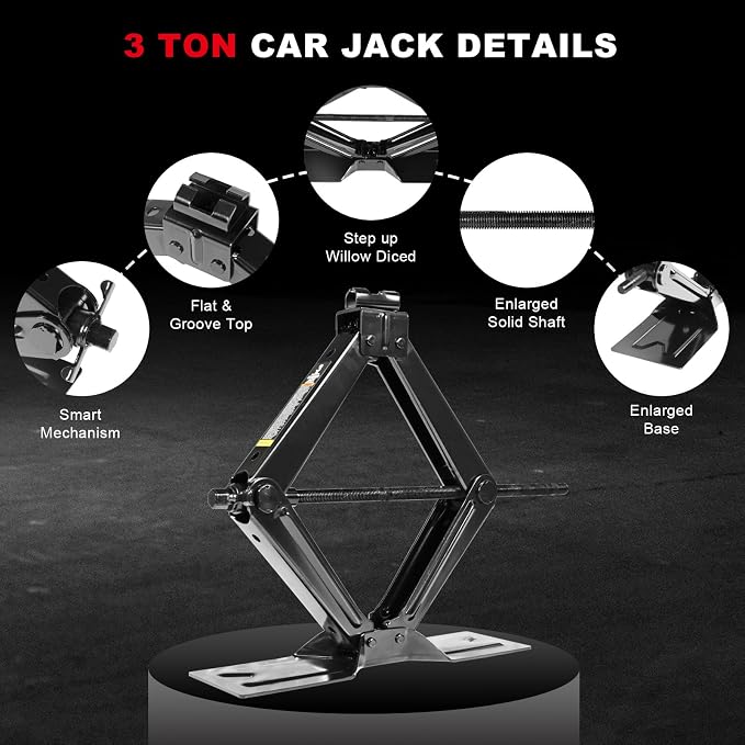 Car Jack 3Ton/6610 lbs Universal Scissor Jack with Rubber Pad, Portable Tire Changing Kit with Lug Wrench, Emergency Kit for Sedan SUV MPV
