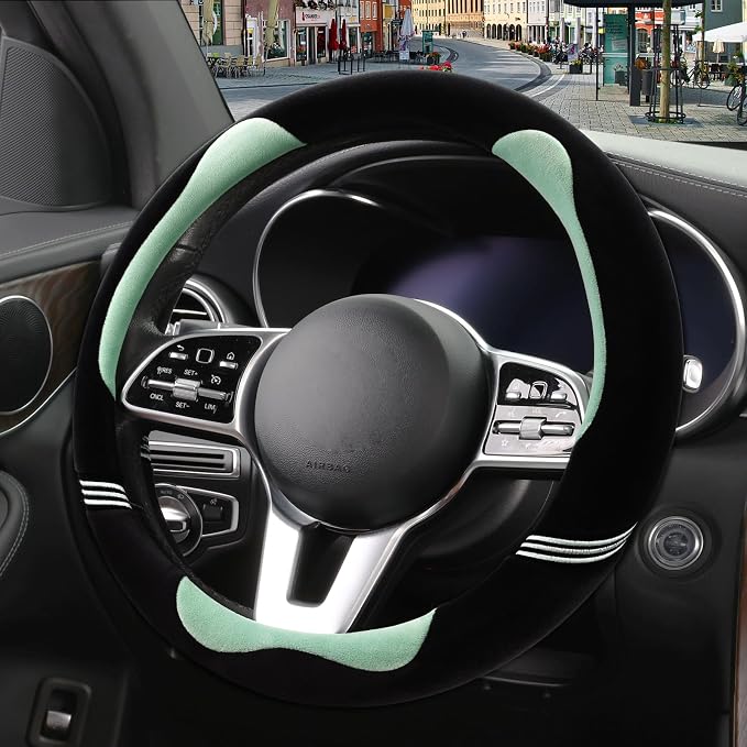 Furry Cute Soft Steering Wheel Cover 14 inch Black with Green | Fluffy Short Plush Car Accessories, Non-Slip Cold-Proof Sweat-Proof Colorfast, Small 13.5 inch to 14 inch