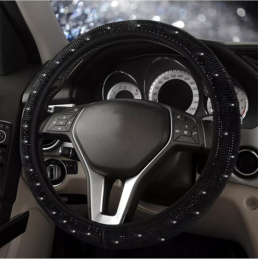 Bling Diamond Steering Wheel Cover with 2.75 inch Car Cup Holder Coasters, Sparkly Car Auto SUVs Interior Accessories for Women Girls, Universal Fit 14" 1/2-15" - Black
