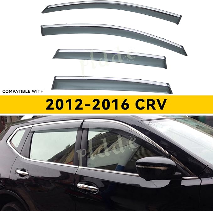 Window Visors Compatible with 2012-2016 Honda CRV CR-V Smoke Tint with Chrome Trim Outside Mount Tape On/Clip On Style PVC Sun Rain Guard 4pcs