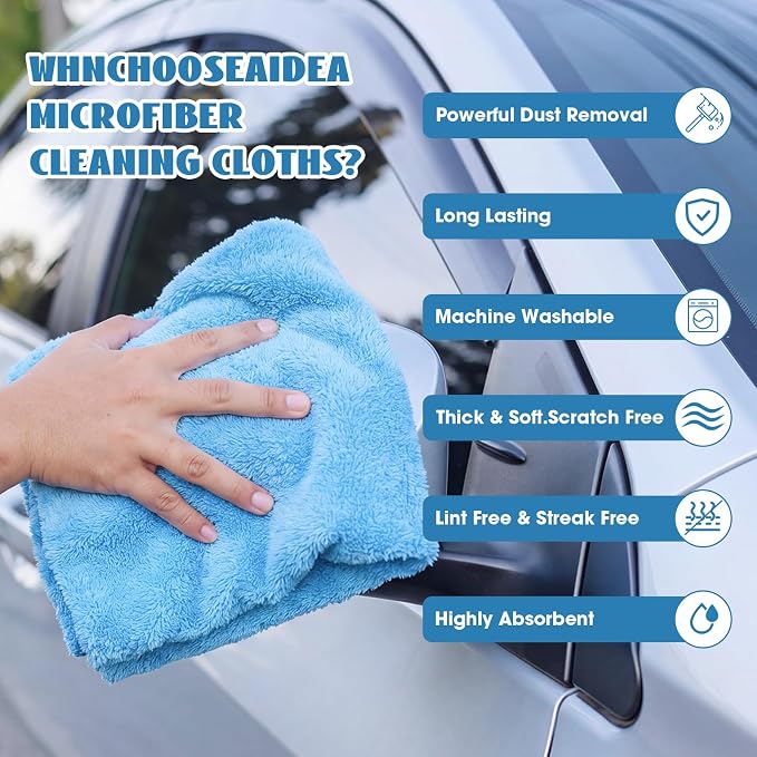 30 Pcs 16 x 16 Inch edgeless Microfiber Plush Towels for Cars Detailing Drying Wash Polishing Absorbent Cleaning Cloths, 500 GSM (Light Blue, White, Yellow)