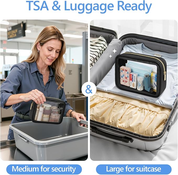 Clear Makeup Bag - TSA Approved Toiletry Bag for Carry-on & Checked Luggage, Water Resistant Car Storage Organizer with Reinforced Seams