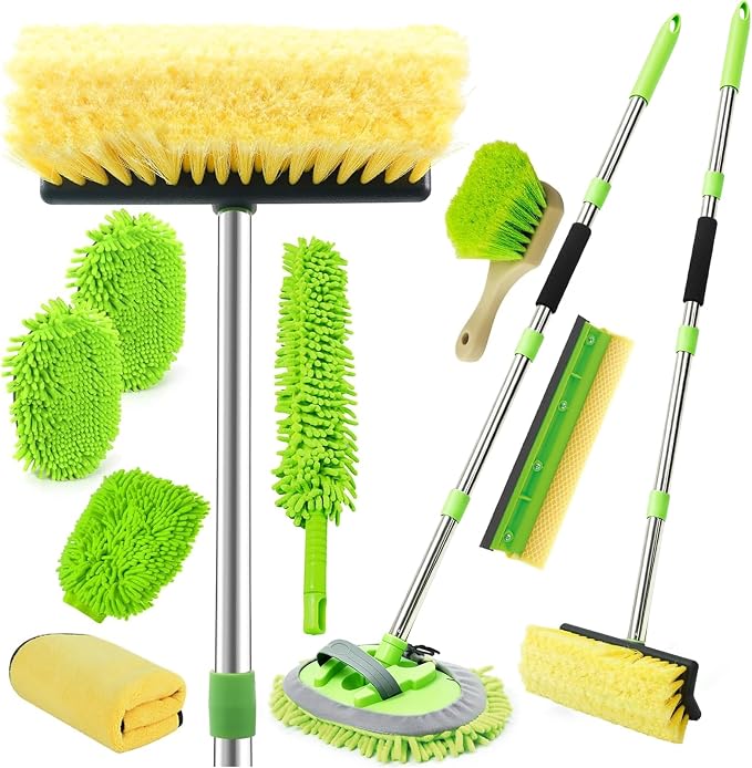62" Car Wash Brush with Long Handle, Chenille Microfiber Car Wash Mop Mitt, Wheel Brush, Windshield Window Squeegee, Microfiber Towel, Gloves, Car Cleaning Brush Kit Supplies for Car,Truck,SUV,RV,Boat