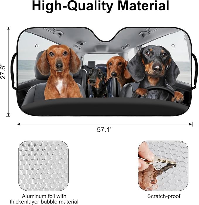 4 Dogs Foldable Windshield Snow Cover, Reflective Accordion Car Windshield Snow Cover, Sun Visor for Car Windshield, Ultimate Heat & UV Protection, Suitable for Most Cars, 57.1" L x 27.6" W