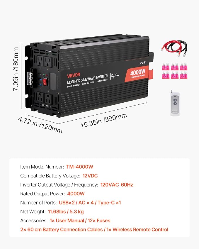 4000W Power Inverter, 12V DC to 120V AC Modified Sine Wave Inverter, Solar Car Charger Converter with LCD Display, Remote Control, 2 USB Ports, 4 AC Outlets, Type-C Port, for RV, Truck Outdoor