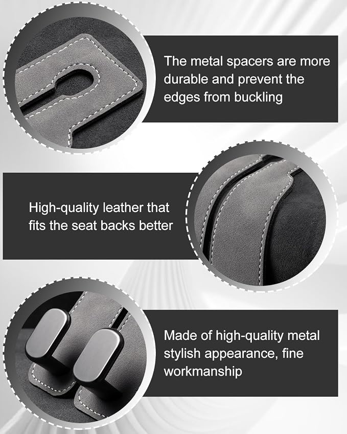 2 Pcs Car Hooks for Headrest, Adjustable Vehicle Seat Back Car Organizers and Storage Accessories, Universal Fit Double Metal Leather Purse Holder for Car (Grey)