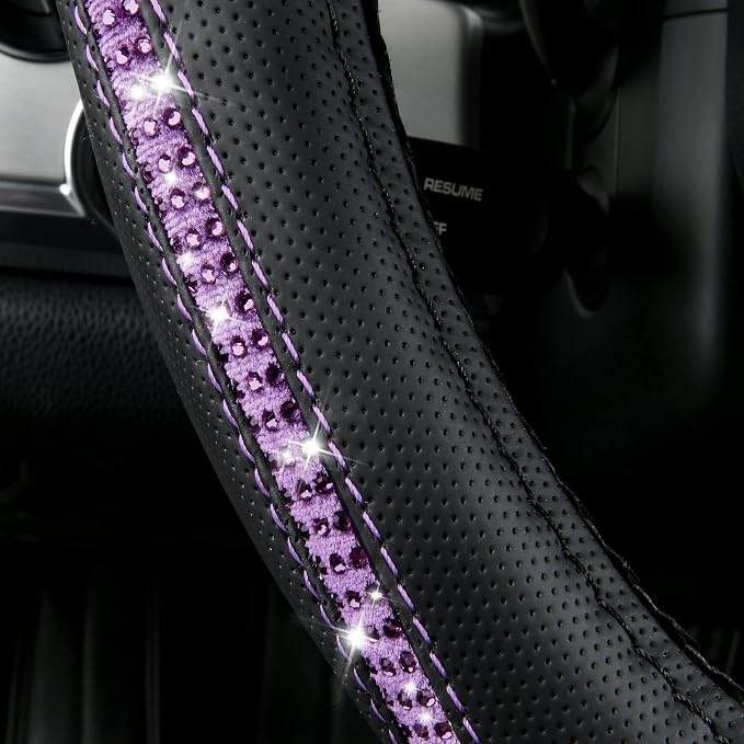 Bling Diamond Black Leather Steering Wheel Cover, Studded Crystal Rhinestones Universal Fit 14" 1/2-15" Glitter for Women Sparkle Girl Fit Suvs,Vans,Sedans,Car,Trucks, Purple Diamond