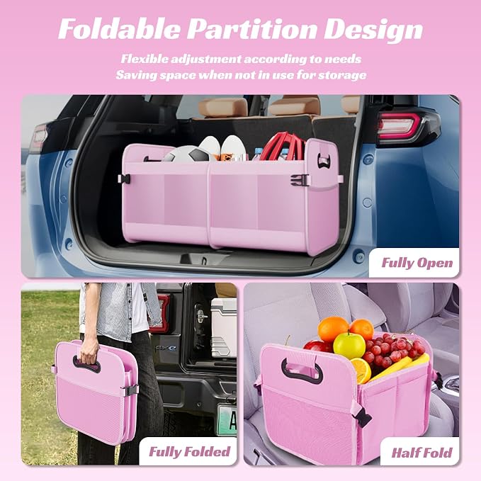 Trunk Organizer for Car - 70L Collapsible Car Storage with 11 Pockets & Reinforced Handles, SUV Trunk Organizers for Grocery Cargo(Pink)