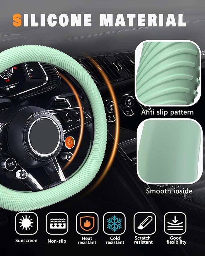 Car Steering Wheel Cover, Thin Anti-Skid Silicone Steering Wheel Cover for Men & Women, Universal Automotive Interior Accessories for Most Cars (Light Green)