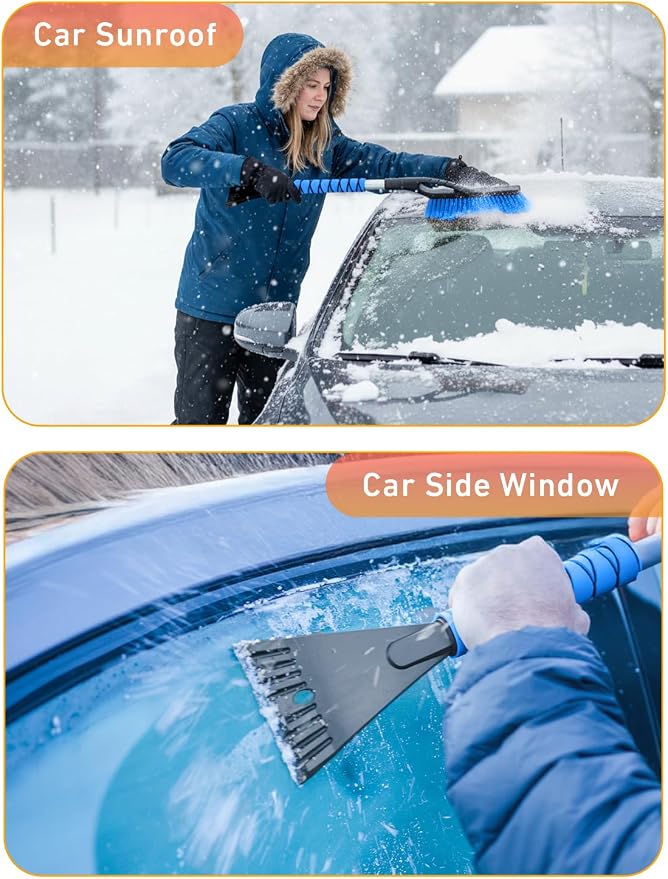 27" Aluminum Snow Brush with Ice Scrapers for Car Windshield and Window | Car Snow Scraper and Brush with Ergonomic Foam Grip Winter Accessories (Blue)