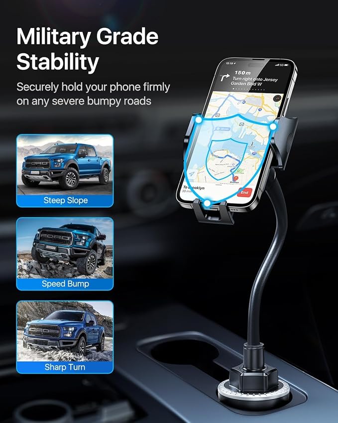 Military-Grade Cup Holder Phone Holder, [Solidest Metal Gooseneck] Universal Cup Phone Holders for Your Car Truck Golf, 360° Adjustable Cup Holder Cell Phone Mount for iPhone Samsung Google