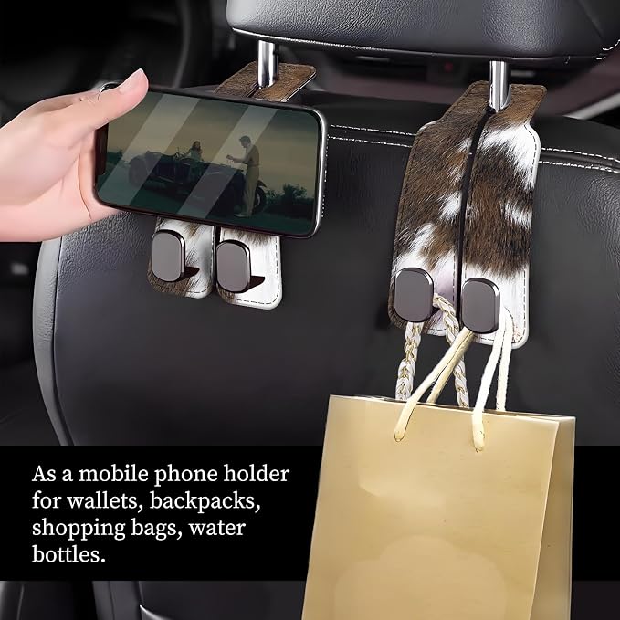 Car Seat Headrest Hook, Universal Leather Cute Hanger Holder Hook, Storage Organizer Interior Accessories for Purse Bags Handbag Brown White Cowhide