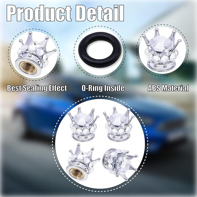 4PCS Crown Bling Tire Stem Valve Caps, Crystal Diamond Car Wheel Tire Valve Caps Universal Copper Core Stem Covers for Cars, SUV, Trucks, Bikes, Motorcycles, Bicycles (Silver)