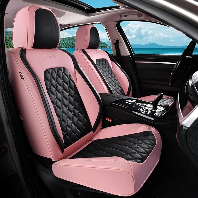 Coverado Car Seat Covers Front Seats, Stylish Waterproof Faux Leather Full Set with Rear Protectors for Sedan SUV Truck, Luxury Fashion Interior – PinkBlack