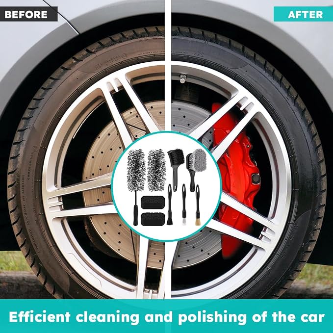 9PCS Car Wheel Cleaning Pro Kit, Tire Brush, Detailing Brush Set, Soft-bristled Rims Brush, Microfiber Flat Wheel Brushes, Double-Ended Detailing Brushes, Detailing Pads, Scratch-Free & Multipurpose