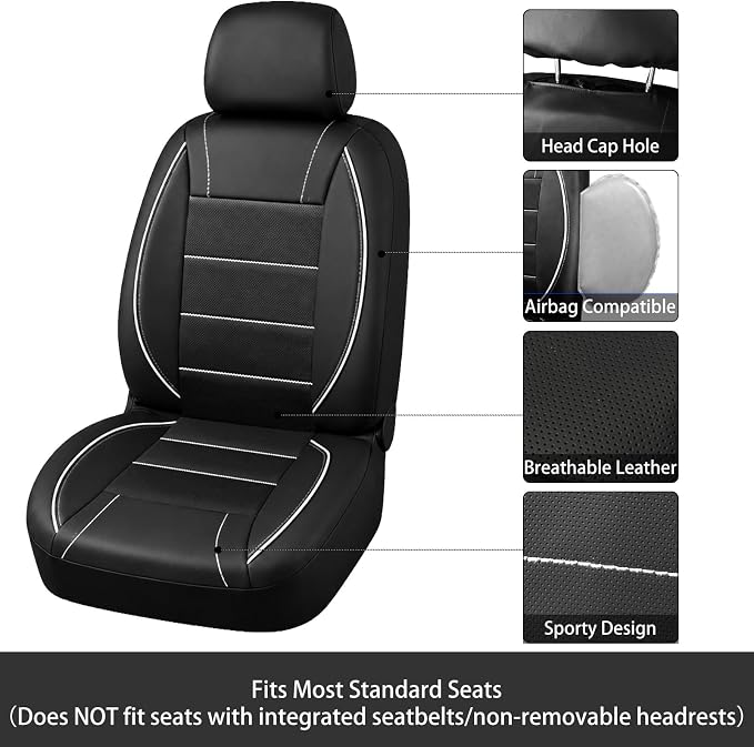 14 PCS Leather Car Seat Covers Full Set, 14.5”-15'' Sporty Steering Wheel Cover Universal, Center Console Cover, Seat Belt Cushion, Cup Holder Coaster, Car Interior Set White