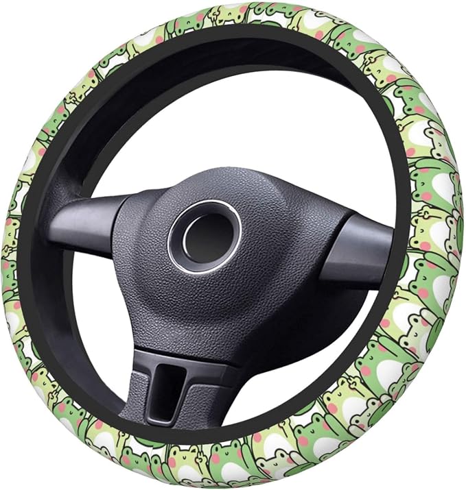 Cute Green Frog Steering Wheel Cover for Women,Universal Auto Steering Wheel 14-15 Inch Car Interior Accessories with 2PCS Car Coasters,Suitable for Men and Women