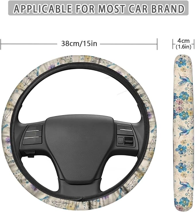 Comfortable Car Steering Wheel Cover Hummingbird Flower Blue Pattern Auto Steering Wheel Protector with Anti-Slip Lining Car Interior Accessories Universal Fit Car SUV Van Truck