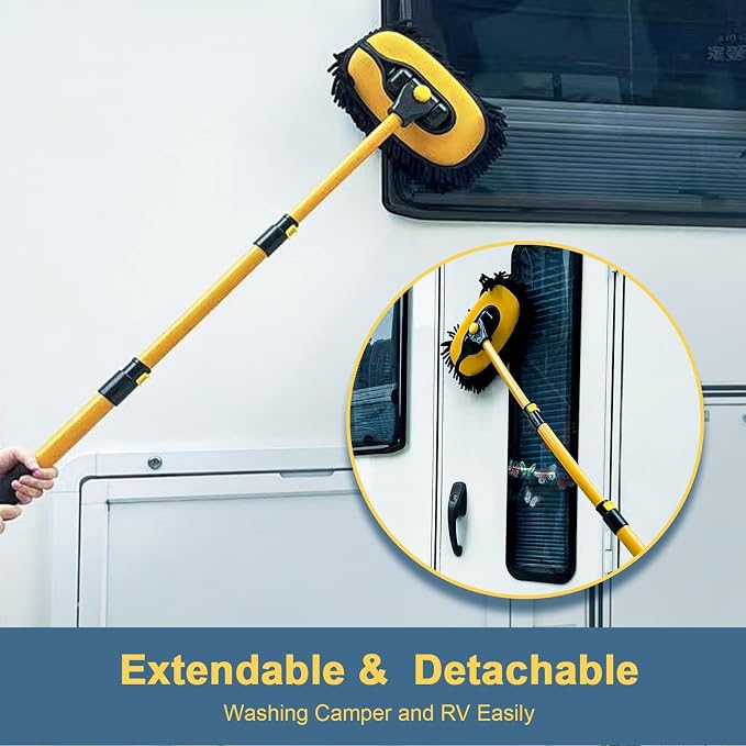 Car Wash Brush with Long Handle, Microfiber Car Wash Mop with Replaceable Chenille Brush Head, Soft Cleaning Brush with 15° Curved Extension Pole Car Wash Kit for RV Truck Camper, Yellow