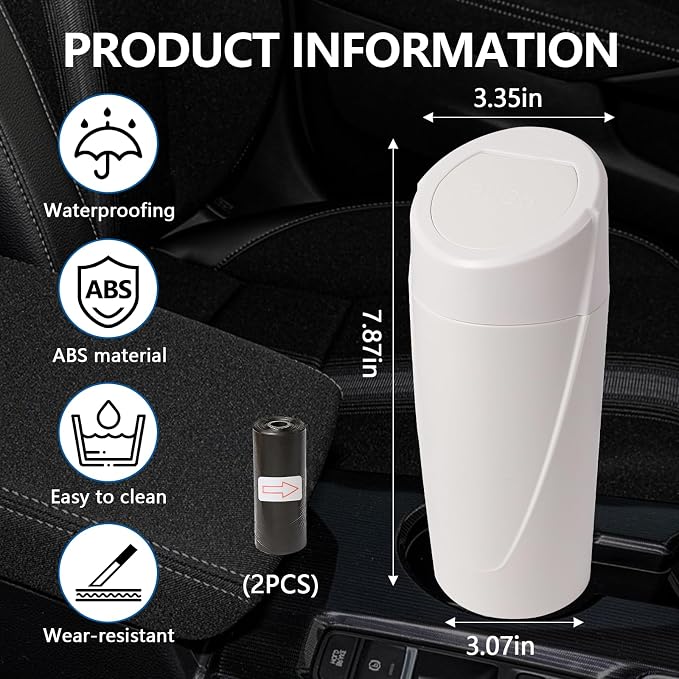 Mini Car Trash Can with Lid, Portable Garbage Can for Car, Leakproof Cup Holder Automotive Garbage Bin with 2 Rolls of Trash Bags, Small Trash Storage Can for Car Home Office(White)