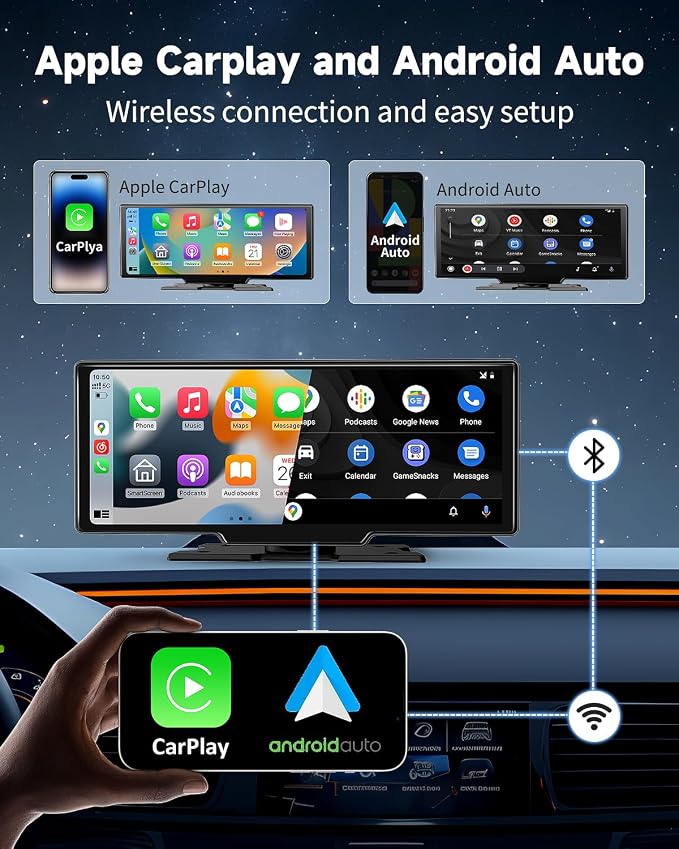 Kuayvan 10.26" Wireless Carplay Screen for Car with 4K Dash Cam, Portable Apple Carplay & Android Auto Touchscreen with 1080p Backup Camera/Mirror Link/Voice Control/GPS/Bluetooth,for All Vehicles