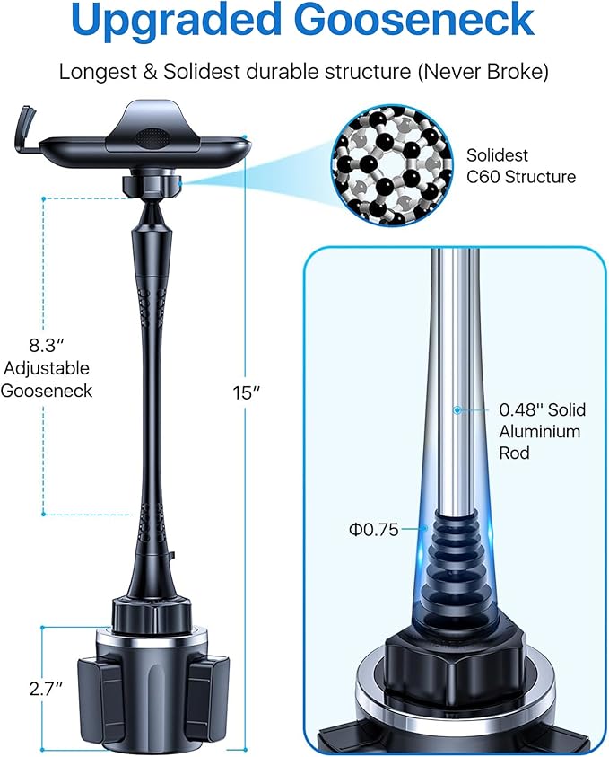 Upgraded 15" Cup Holder Phone Holder, 【Solidest & Adjustable】 Military-Grade Long Gooseneck Cup Phone Holders for Your Car Truck, Car Phone Holder for iPhone 17 Pro Max 16 15 14/Samsung/Pixel