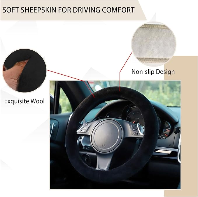 Fuzzy Steering Wheel Cover, 15 inch Soft Wool Fur Steering Wheel Protector, Fluffy Wheel Covers for Winter Warm, Car Interior Decoration Accessories for Women Men (Black)
