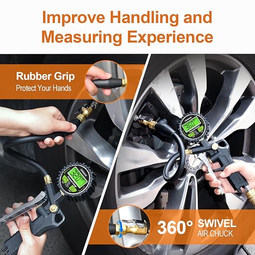 Digital Tire Pressure Gauge with Inflator, 250 PSI Air Chuck with Pressure Gauge and Air Compressor Tire Inflator Attachment Include Quick Connect Coupler, 0.1 Display Resolution