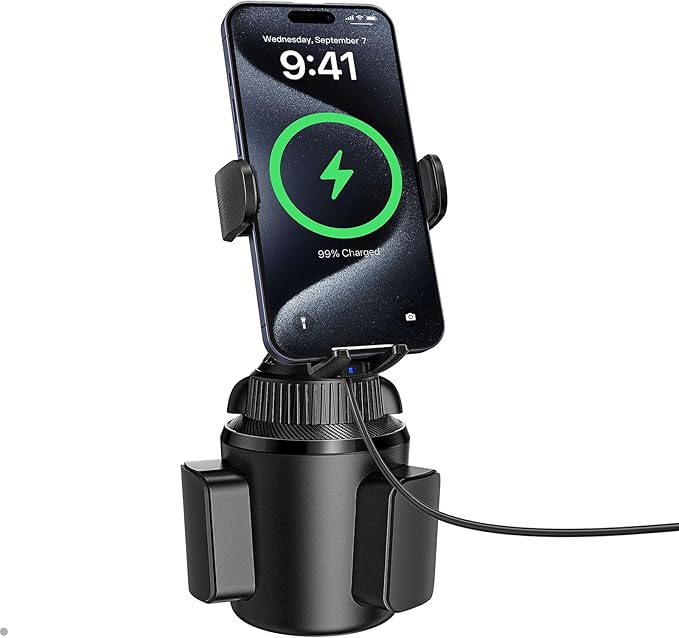 15W Qi Wireless Car Charger Solid Cup Holder Mount, Adjustable Long Arm & 360° Rotation, Fits 3"–4" Round Cup Holders, Works with Cases ≤ 4 mm (No Metal Attachments)