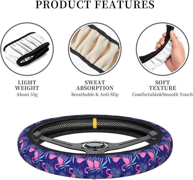 Flamingo Car Steering Wheel Cover Anti-Slip and Practical 14.5-15 Inch Universal Purple car Accessories with 2 Pieces Car Coasters Suitable for Men Women