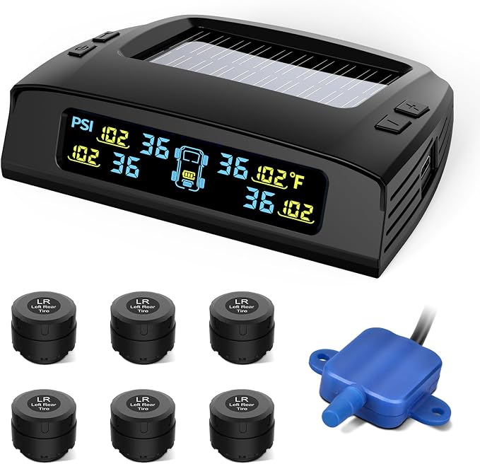TM2 RV Tire Pressure Monitoring System, Solar Charge TPMS, 6 Sensors & 5 Alarm Modes, Color Display, W/Repeater for Longer Distance Transmission, 0-144 PSI for RV Trailer Camper Fifth Wheel