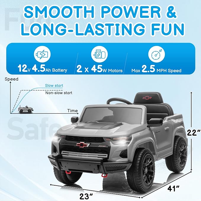 Licensed Chevrolet Colorado Electric Car for Kids, 12V Ride on Toys for Toddlers with Remote Control, Battery Powered Electric Car Ride On Vehicle w/Bluetooth, Soft Start, LED Lights - Gray