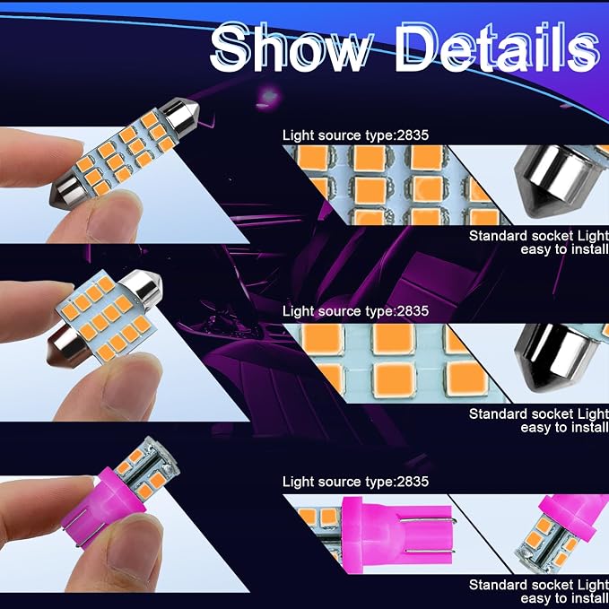 24PCS LED Interior Replacement Bulbs, Interior Car Lights, Dome Light LED Car Bulb Kit Set T10 31 mm 42 mm, Used for Map Dome Lights and License Plate Courtesy Lights Accessories (Pink)