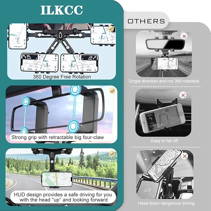 Rearview Mirror Phone Holder for Car, 360° Rotating and Retractable Multifunctional Rear View Phone Mount, Upgraded Four Corners Fixed Anti-Shake Fit All Smartphones & Bigger Vehicle