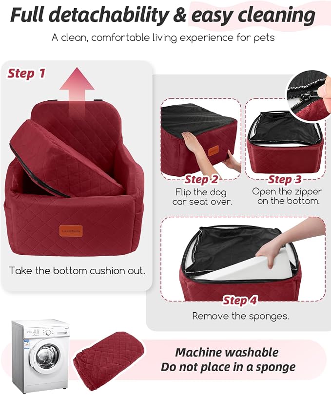 Dog Car Seat for Small/Medium Dogs,6in Elevated Cushion,Fits in Front/Back Seat,Fully Detachable and Washable,2 Storage Pockets,Easy to Install (Red, Medium)