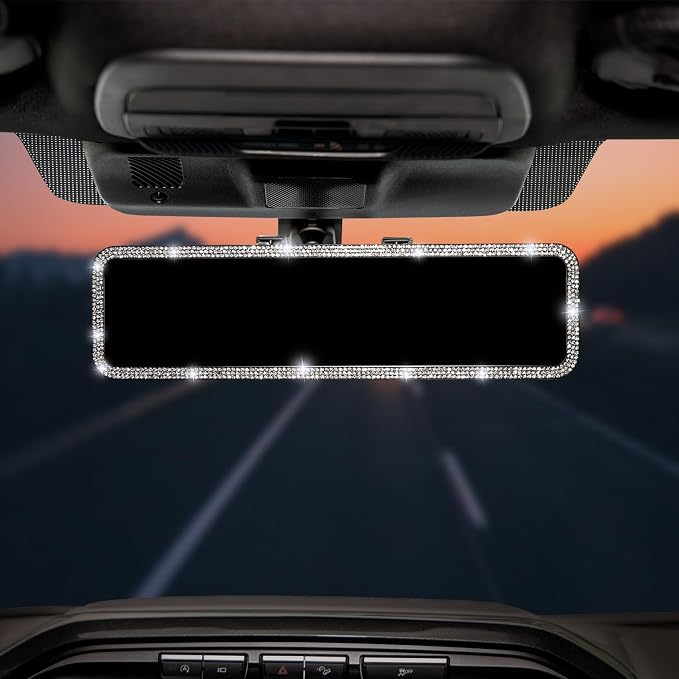 Rear View Mirror, Universal 12 Inch Panoramic Rearview Accessories with Bling Rhinestones Crystal Diamonds Edge, Interior Clip-on Wide Angle Rear View Mirror -White