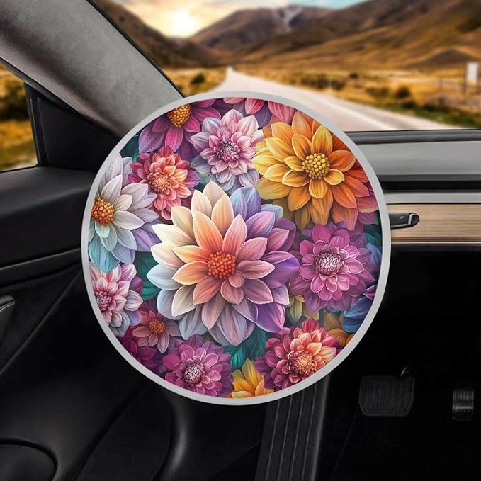 Dahlia Print Steering Wheel Cover Sun Shade 17 inch Cooling Steering Wheel Sun Cover for Heat Protection Universal Auto Accessories Heat Reflector Fit Most Cars SUV Trucks Van