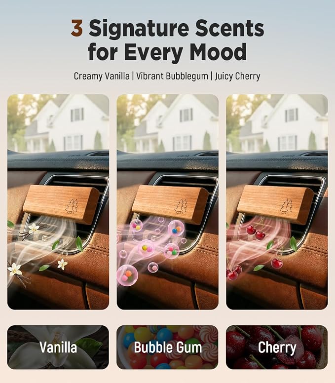 Natural Wooden Car Air Freshener for Vent Clips- Cherry/Vanilla/Bubblegum Scents, Long-Lasting Odor Eliminator with Metal Clip, 3 Refillable Wood Chips for Cars/Trucks/SUVs