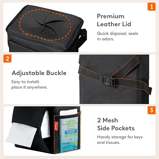 Car Trash Bin, 2 Gallon Leakproof Waterproof Vehicle Garbage Can with Lid & Tissue Holder, Car Interior Organizer for Front/Back/Console, Automotive Accessory, Black