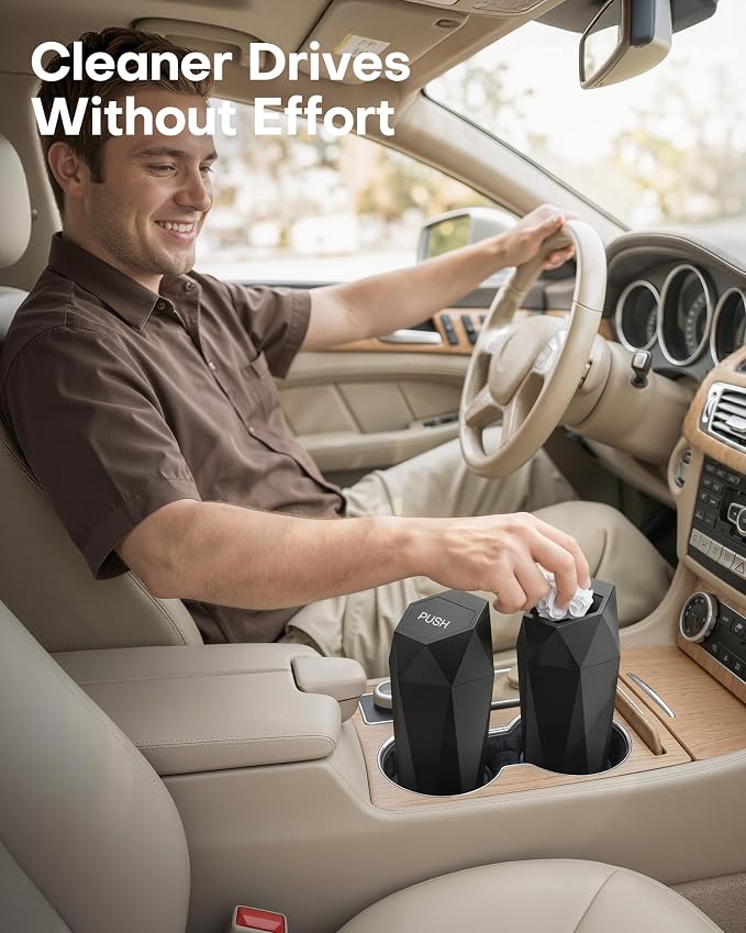 Car Trash Can with Lid - 2 Pack, Car Accessories for Interior, Leakproof Vehicle Garbage Can with 30 Attached Trash Bags, Multipurpose Organizers and Storage for Home, Office, Black