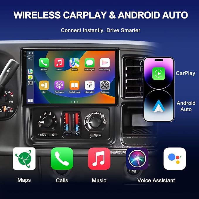 9'' QLED Car Stereo for Chevy Tahoe Suburban 2003-2006 Carplay Android Auto | 4+64G Touch Screen Aftermarket Car Radio with GPS Navigation, AHD 1080P Backup Camera, 5G WIFI, Bluetooth, FM AM RDS Radio