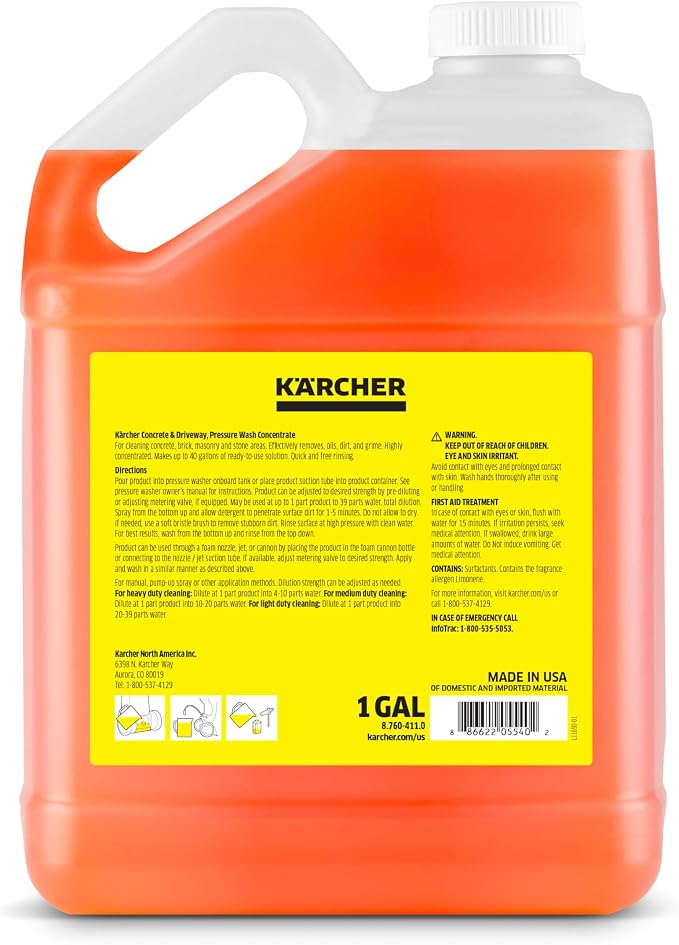 KÄRCHER Concrete & Driveway Cleaner, Cleans Concrete, Brick, Mansory, and Stone Areas, Highly Concentrated, Makes up to 40 gal of Cleaner, Readily Biodegradable, For Pressure Washers
