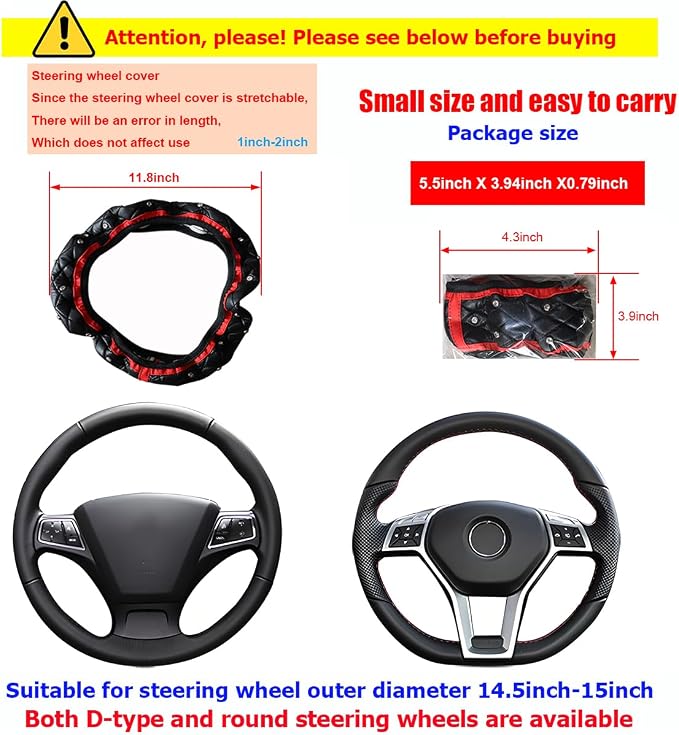 Bling Car Steering Wheel Cover, Non-Slip Elastic Stretch Leather Auto Steering Wheel Protector, Sparkling Diamond Vehicle Decor Accessories for Women Girls, Universal for Vehicles (Red)