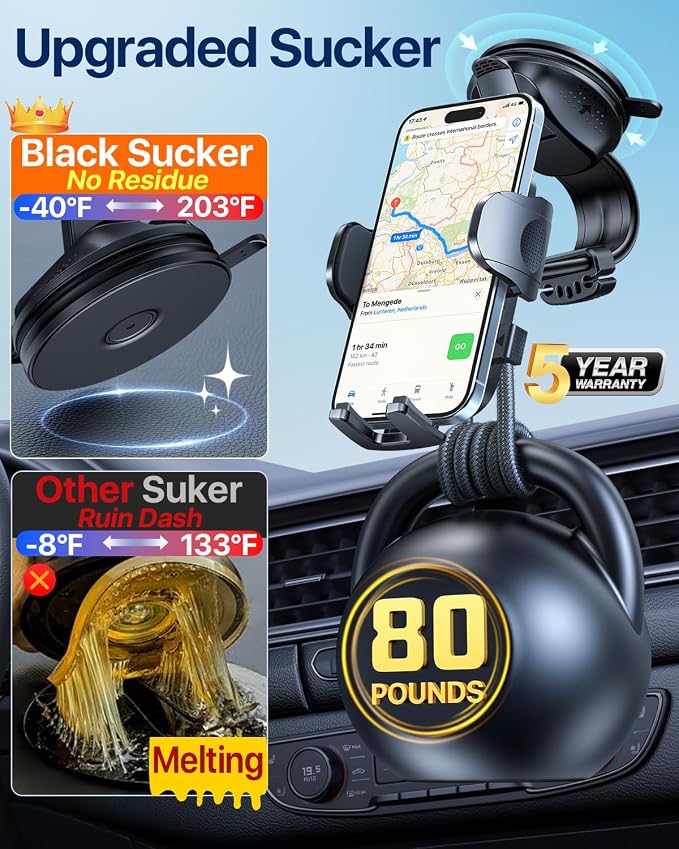 HTU Upgraded Strongest Suction Car Phone Holder Bendable Arm, Never Block View Rotatable Cellphone Mount for Dashboard Windshield Vent, Cradle Stand for iPhone 17 16 15 14 13 12 Pro Max (Light Blue)