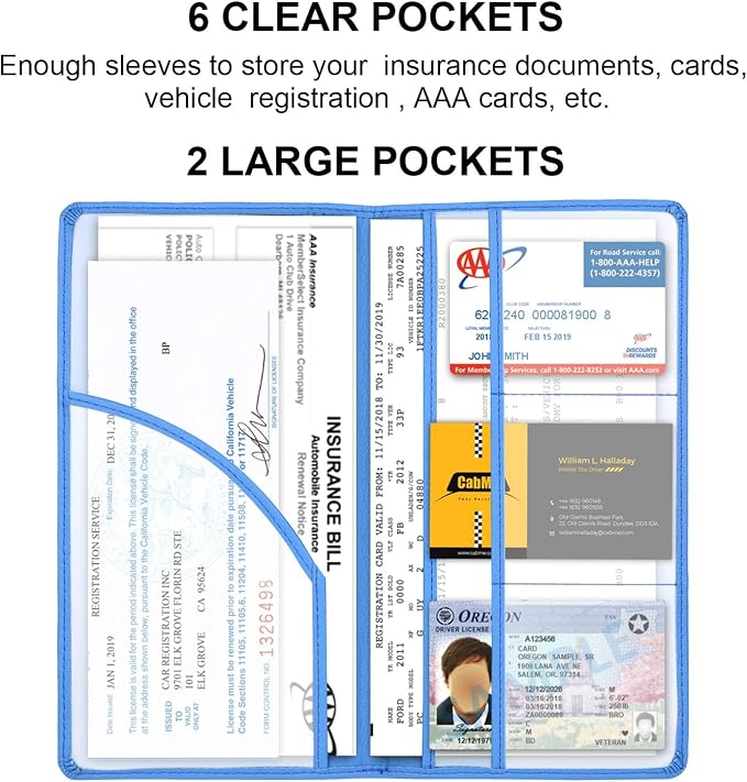Car Registration and Insurance Holder, Vehicle Glove Box Car Organizer Men Women Wallet Accessories Case with Magnetic Shut for Cards, Essential Document, Driver License, Blue