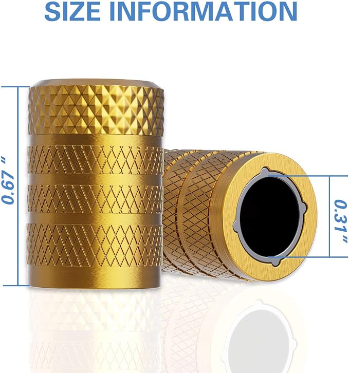 Tire Valve Stem Caps, Golden Yellow, 4 pcs/Pack | Anodized Aluminum Tire Valve Cap Set, Corrosion Resistant, Universal Stem Covers for Cars Trucks Motorcycles SUVs and Bikes