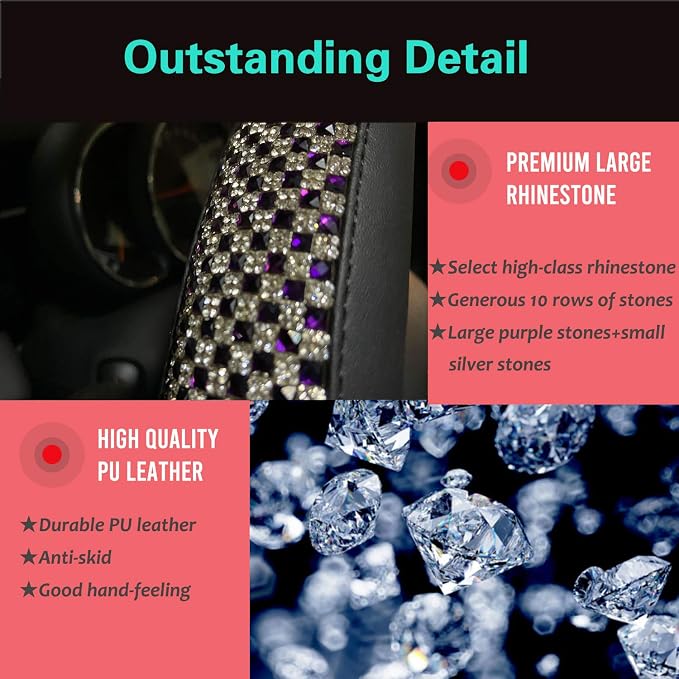 Large Size Bling Comfy Steering Wheel Cover with Jumbo Crystal Rhinestones, Anti-Slip Diamond Leather, 15.5-15.75 Inch (Purple)