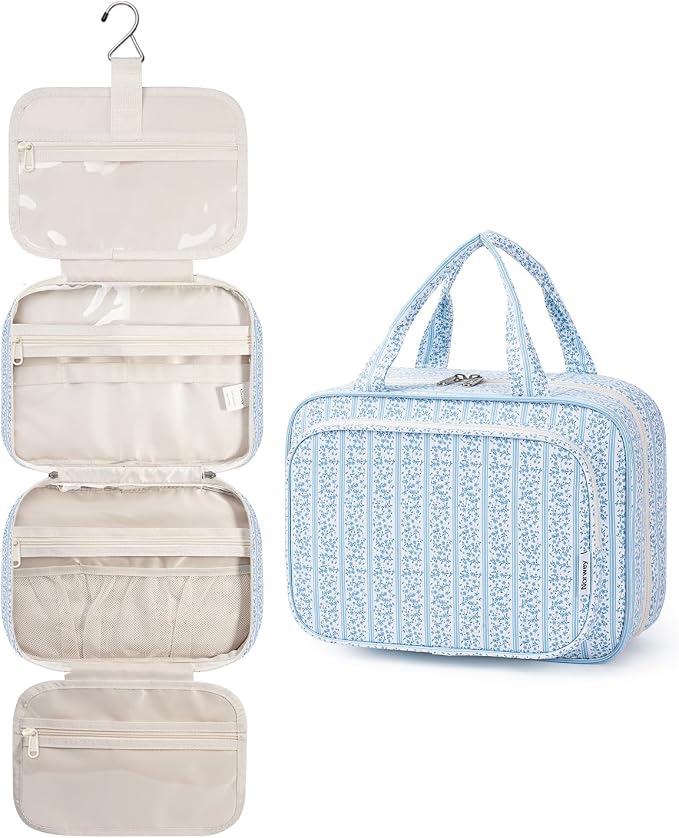 Hanging Toiletry Bag for Women Travel Makeup Bag Organizer Toiletries Bag for Travel Size Essentials Accessories Cosmetics (Blue Flower Buds (Medium))