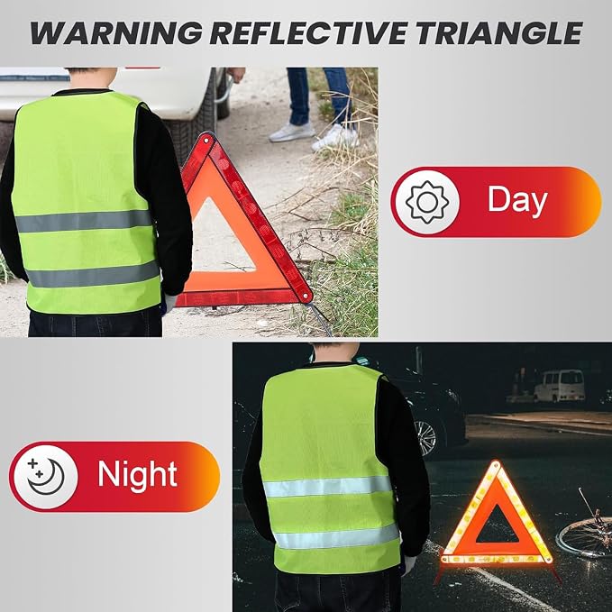 3 Pack Emergency Warning Triangles with 2 Pack Reflective Vest Kit | Roadside Safety Triangle, Foldable Warning Reflective Triangle with Case for Vehicles Breakdown & Emergencies