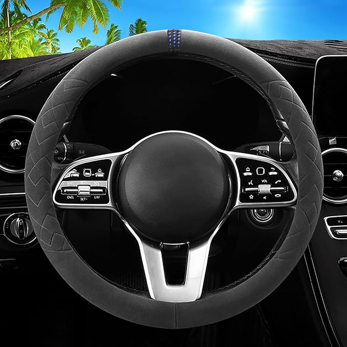 Car Leather Steering Wheel Cover - Panapi Material, Universal 14.5-15 Inch Leather Anti-Slip Breathable Auto Steering Wheel Covers for Men Women (Suede-Black with Blue Mark)